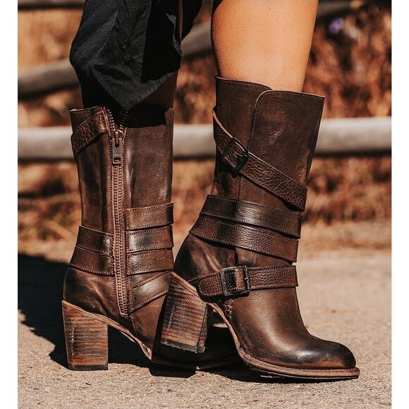 freebird Shoes - Freebird BARKER Mid-calf Brown Leather Boots, Buckle Details Side Zip, Boho | 9